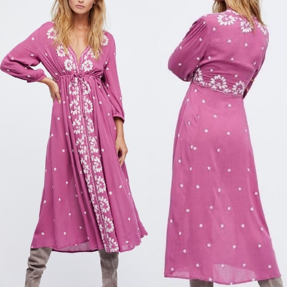 NEW🌺 Free People Embroidered Floral Fable Midi Dress Pink Ivory XS - Picture 3 of 13